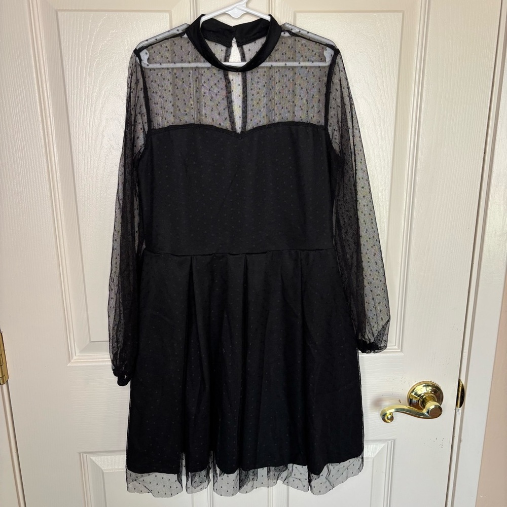 Girls Mesh Long Sleeve Mock Neck High Waist A Line Dress Size 10 Black